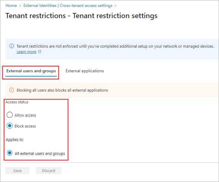 Screenshot that shows settings for access status on the tab for external users and groups.