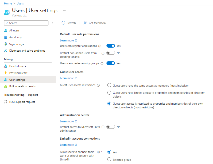 Screenshot showing the External users option in the user settings.