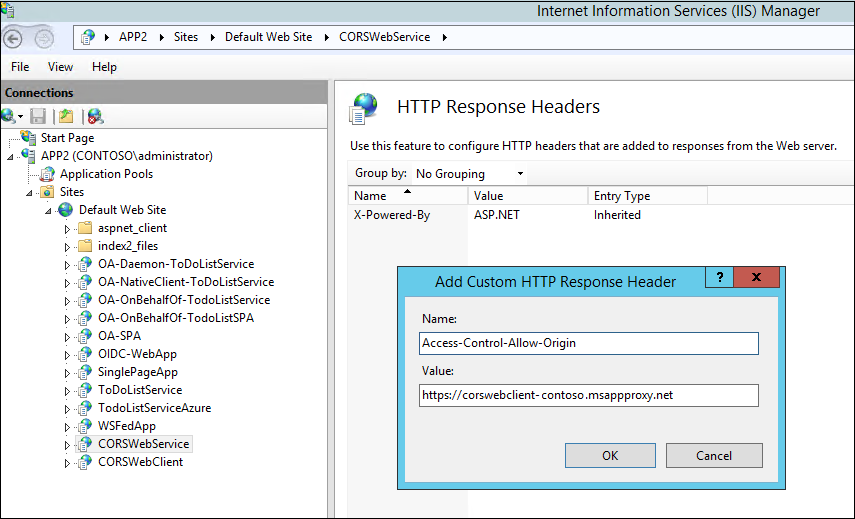 Screenshot that shows adding a custom response header in IIS Manager.