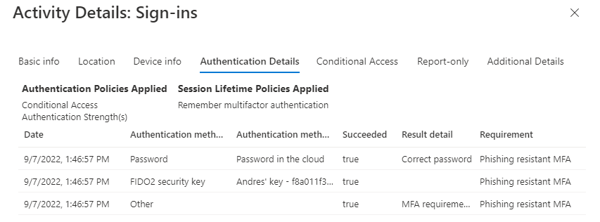 Screenshot that shows authentication strengths in a sign-in log.