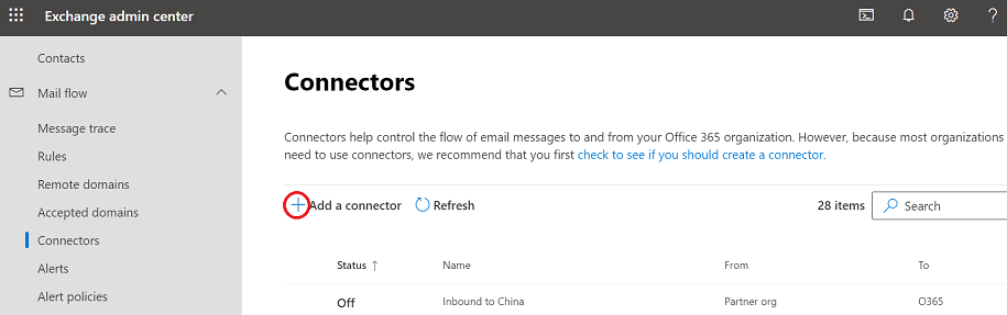 The connectors screen.