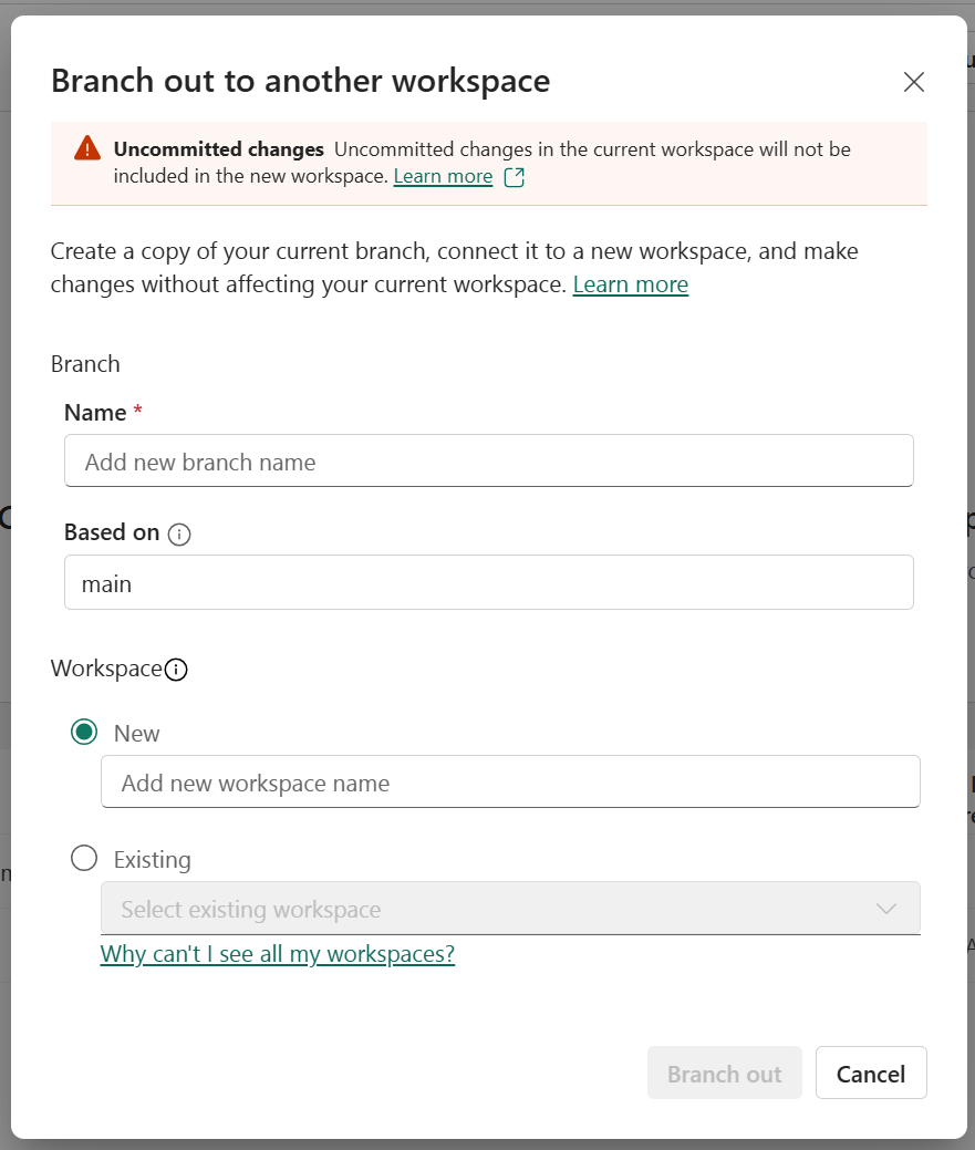 Screenshot of branch out specifying the name of the new branch and workspace.