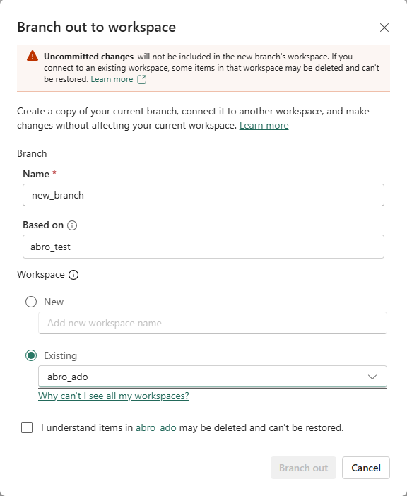 Screenshot of branch out specifying existing branch and workspace.