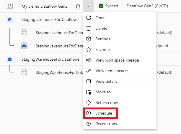 Screenshot of the more options dropdown menu with the Schedule option emphasized.