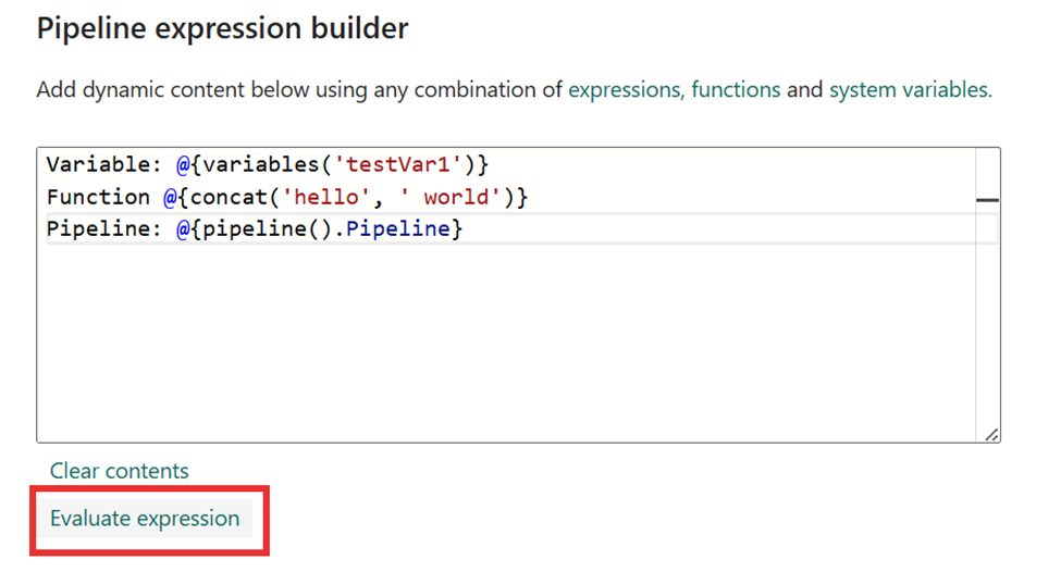 Screenshot of the Evaluate expression button inside the Pipeline expression builder.