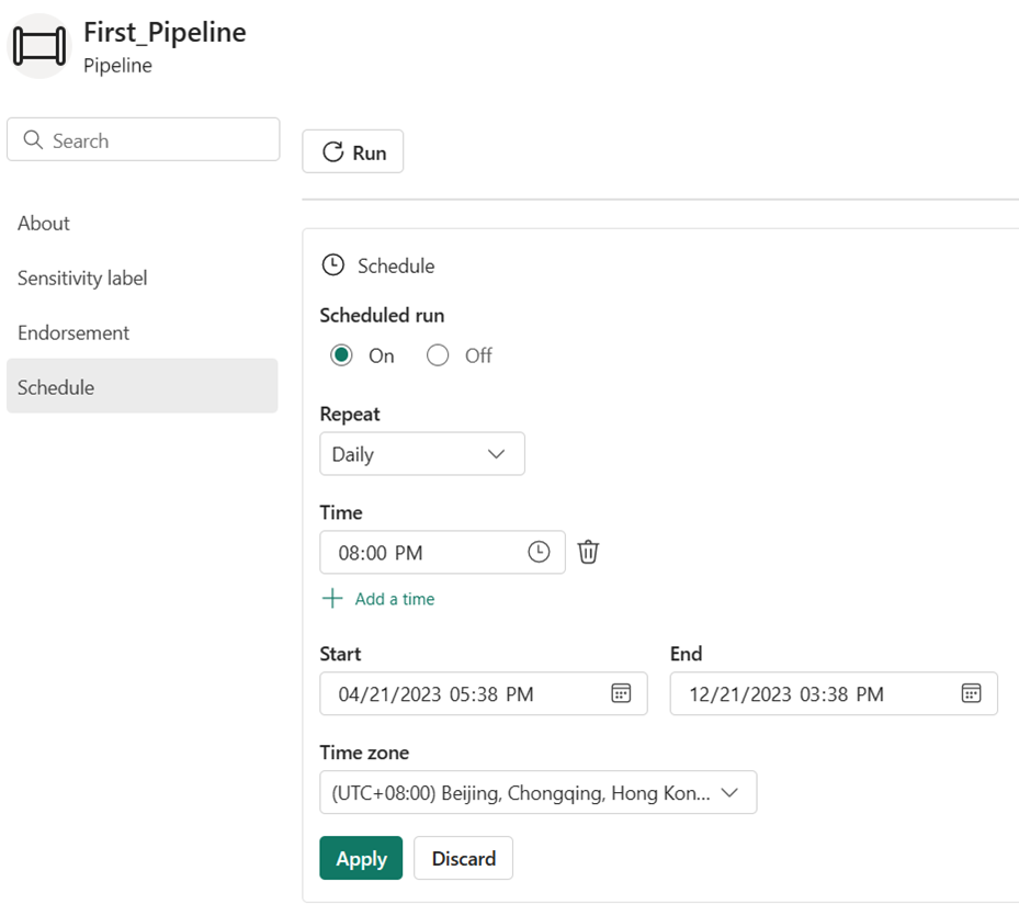 Screenshot showing the schedule configuration for a pipeline to run daily at 8:00 PM until the end of the year.