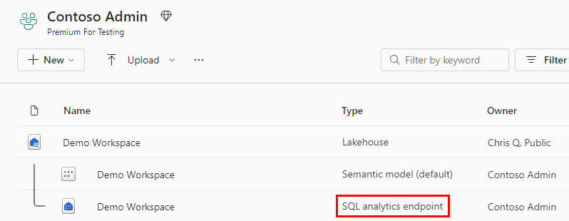 Screenshot showing the SQL analytics endpoint type in workspace.