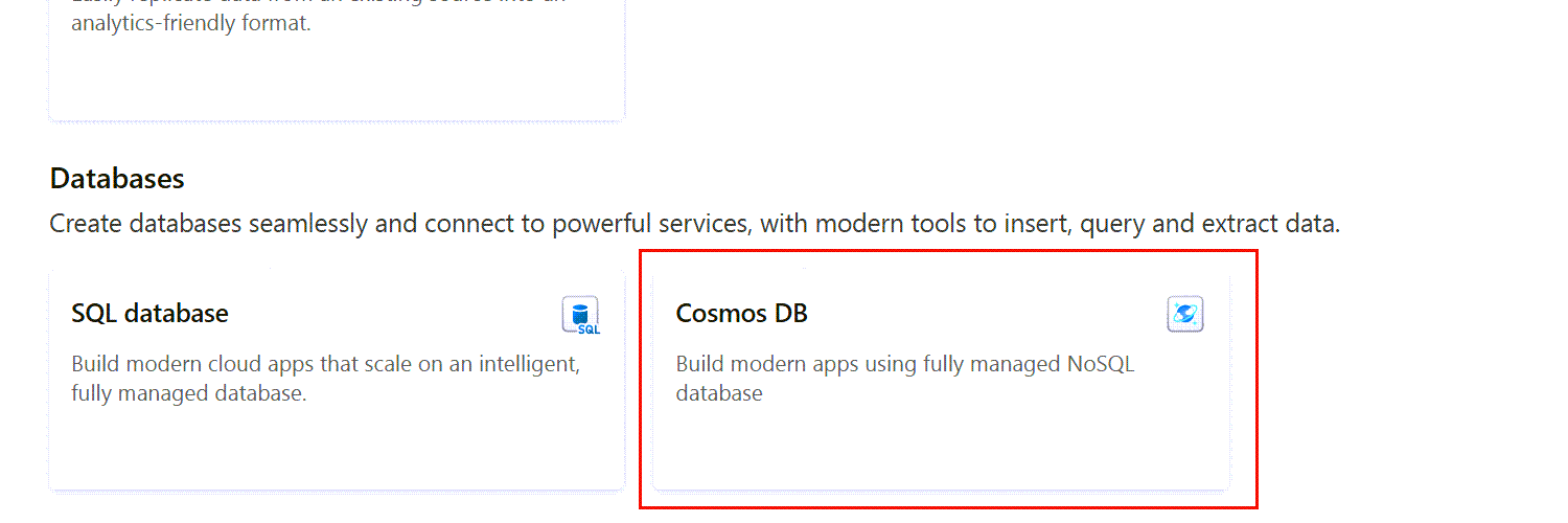 Screenshot of the option to specifically create a Cosmos DB database in the Fabric portal.