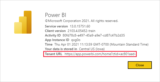Screenshot of the About Power BI dialog with the guest user Tenant URL called out.