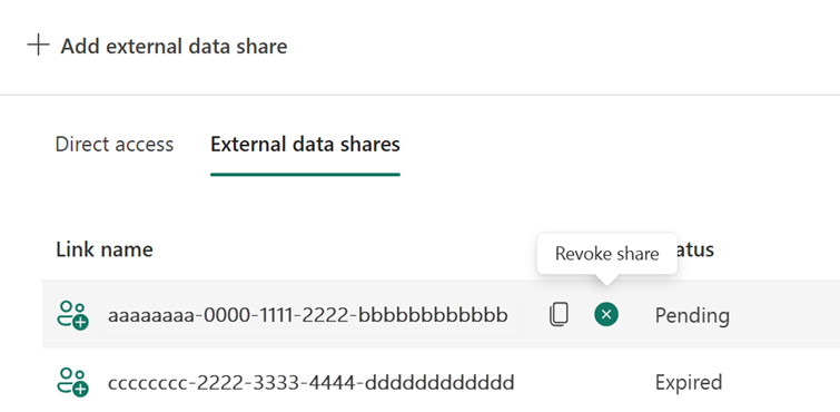 Screenshot showing how to revoke an external data share.
