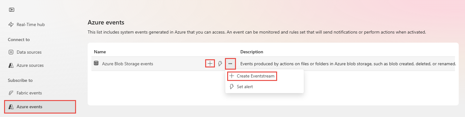 Screenshot that shows the Real-Time hub Azure events page.