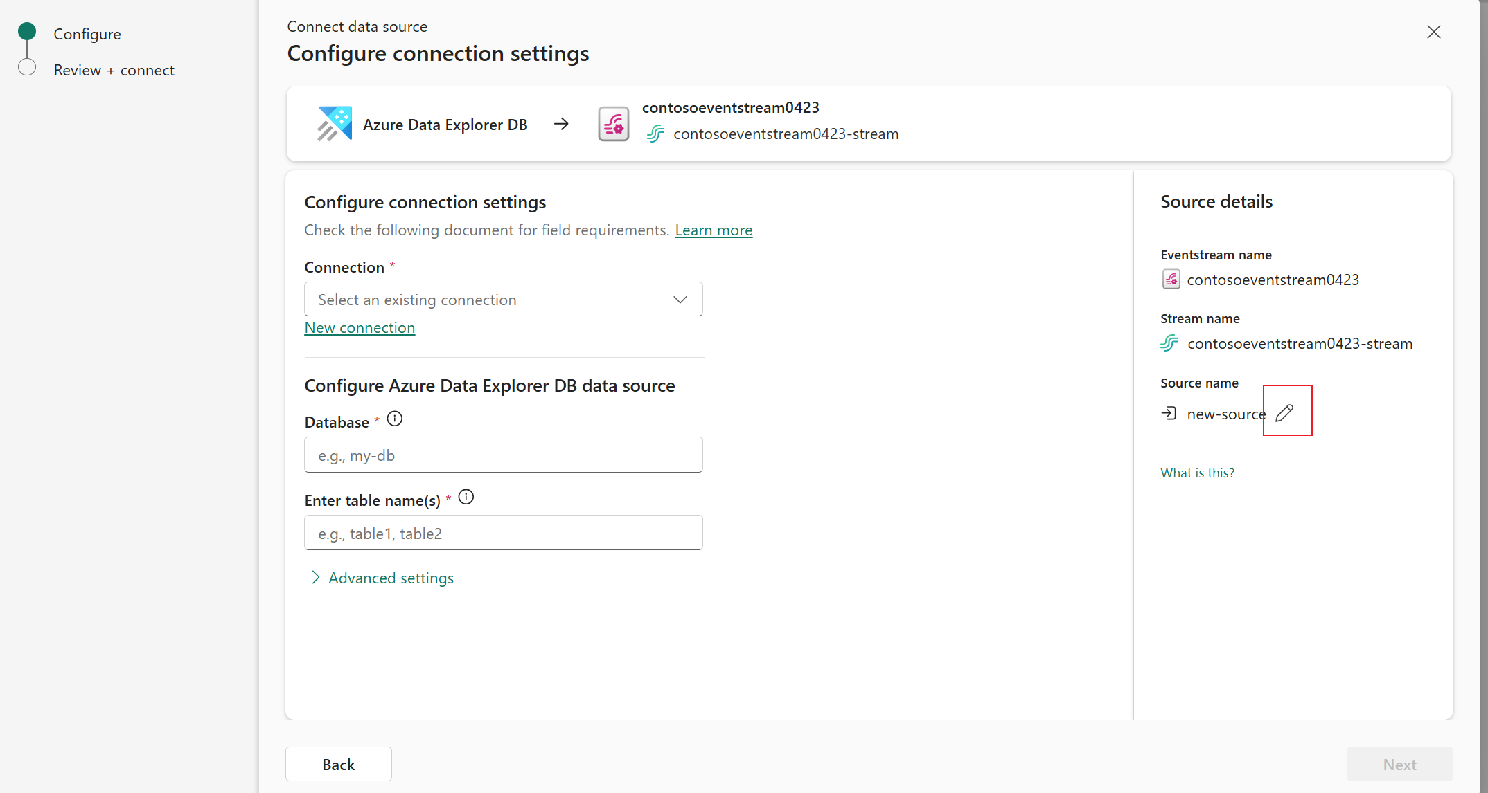 Screenshot that shows the pencil button for adding a source name.