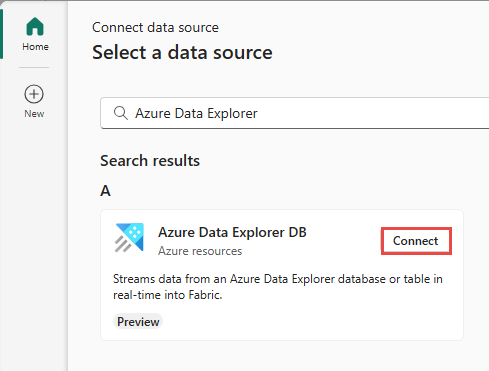 Screenshot that shows the selection of Azure Data Explorer as the source type in the wizard for getting events.