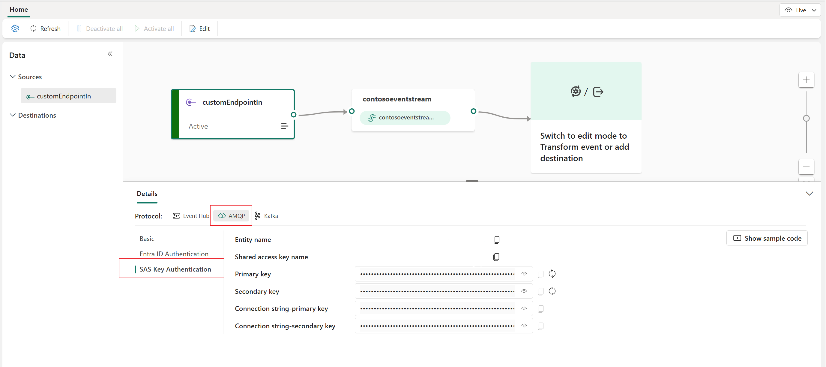 Screenshot that shows AMQP keys on the Details pane of the eventstream live view.