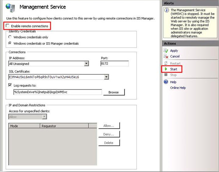 Screenshot of Management Service feature page. The option Enable remote connections is highlighted. In the Actions pane, Start is highlighted.