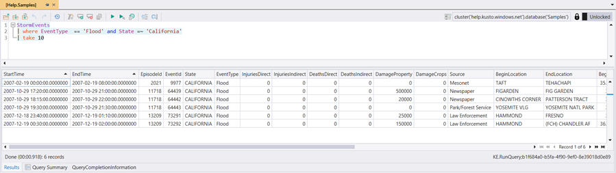 Screenshot of Kusto Explorer showing a basic query.