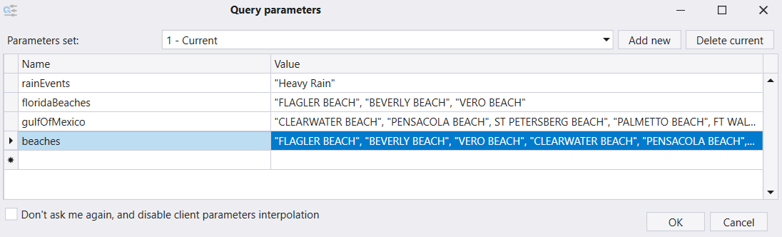 Screenshot of the **Query parameters** window showing the defined parameters.