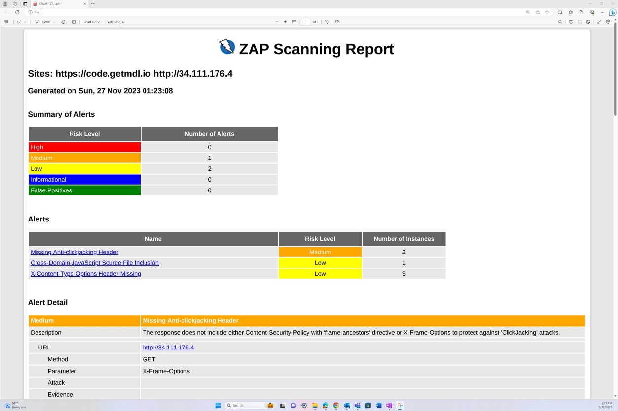 ZAP scanning report header with summary of alerts, listing and details of alerts found.