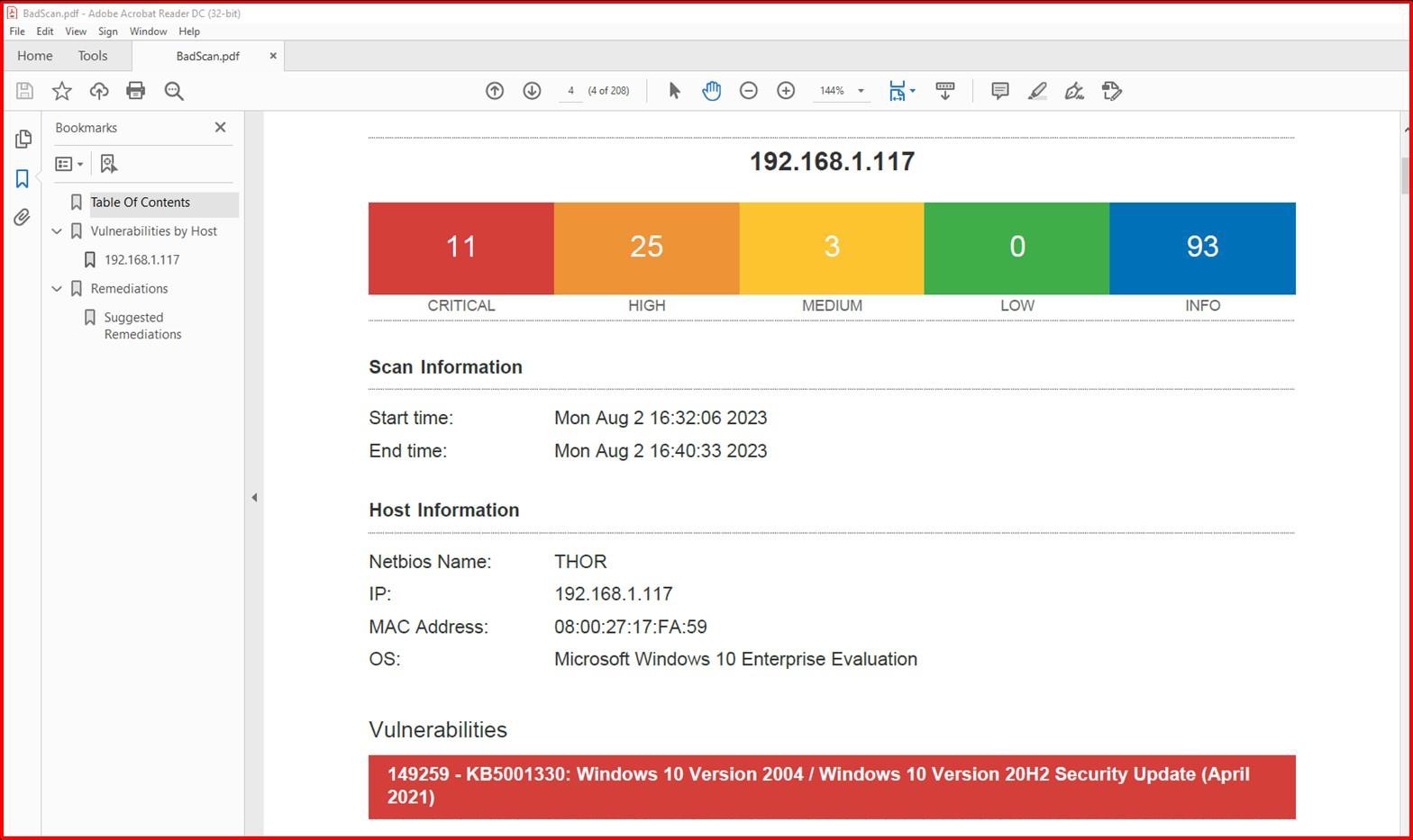 Nessus scanning report summary showing number of vulnerabilities listed from critical to info.