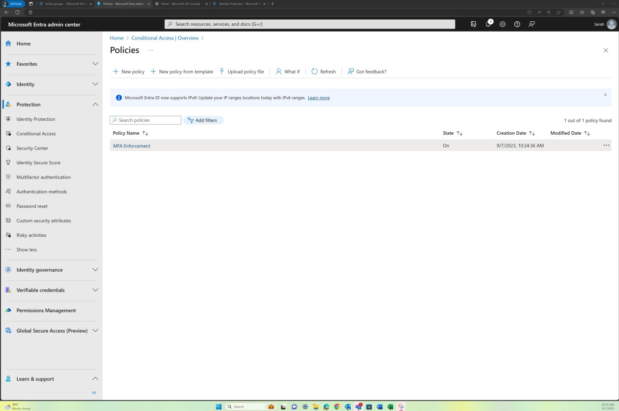 Microsoft Entra admin center policies overview and search page.