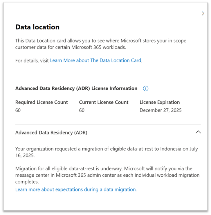 Screenshot of Data Location View After Migration Opt-in.