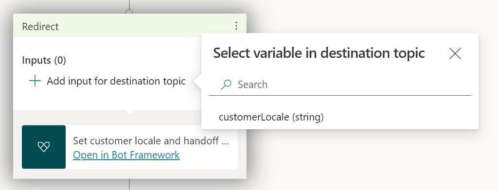 Screenshot of adding a Set customer locale and handoff to Dynamics 365 Customer Service action to a node in Copilot Studio.