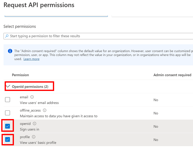 Screenshot of OpenId permissions, openid, and profile highlighted.