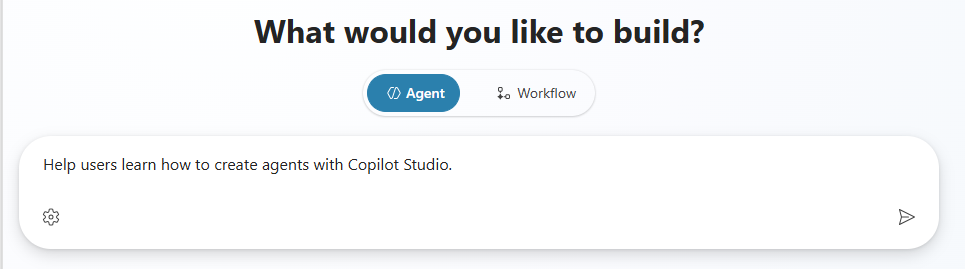 Screenshot of the area where you can briefly describe your agent on the Home page of Copilot Studio.