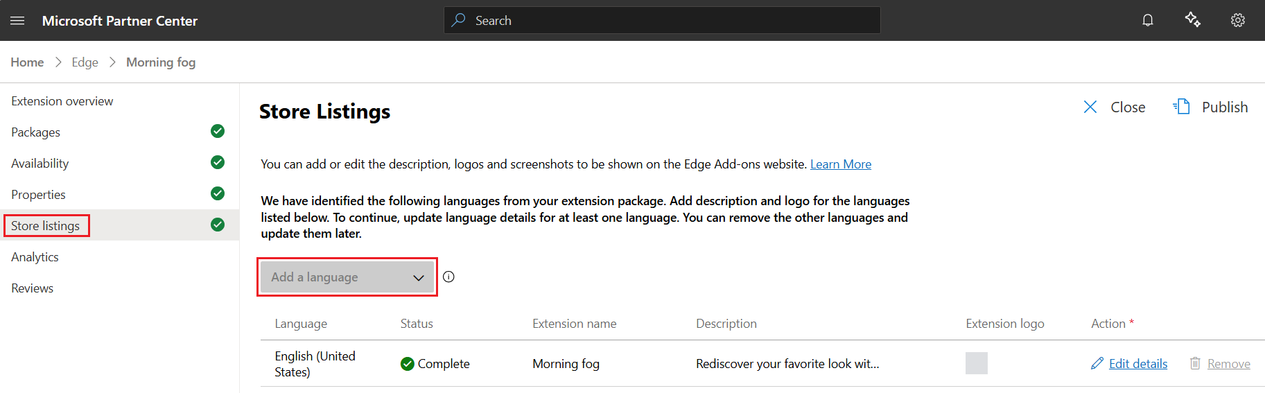 Add a language, in the Store Listings page