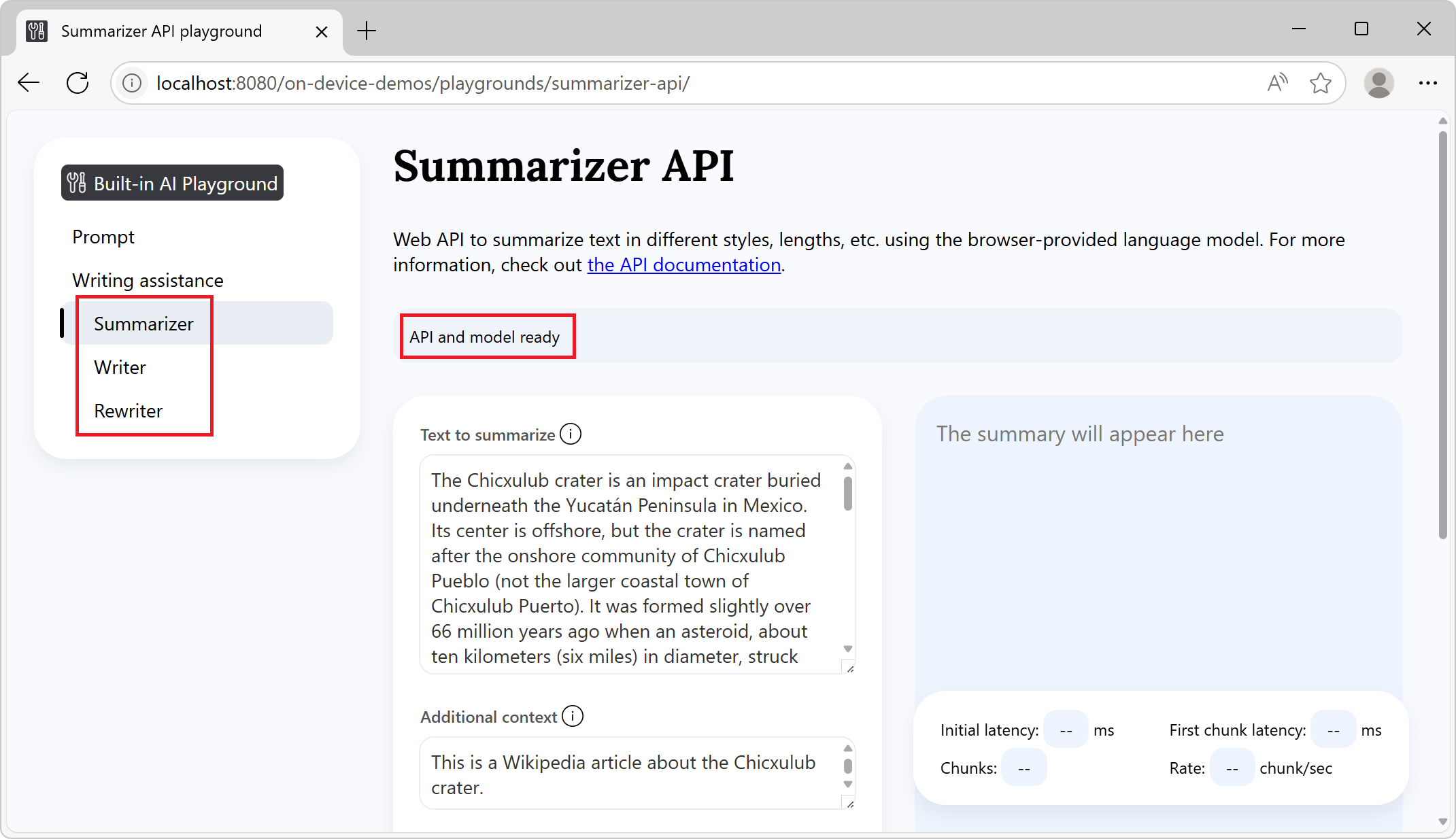 Status indicator showing API and model ready