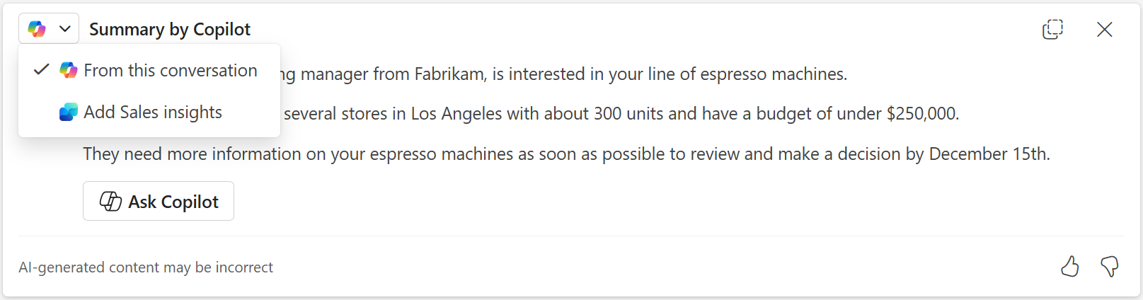 Screenshot of a Copilot email summary in Outlook on the web.