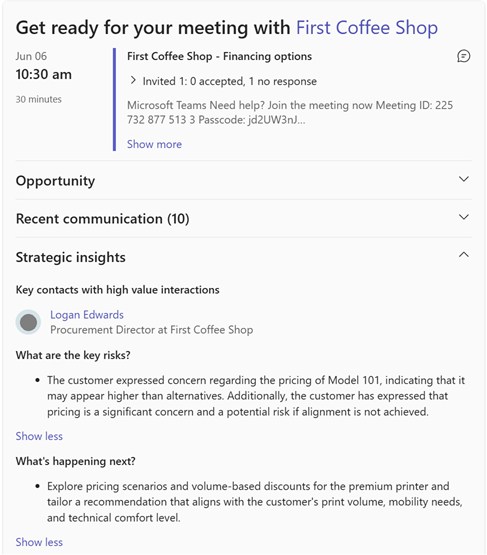 Screenshot showing strategic insights in meeting preparation card