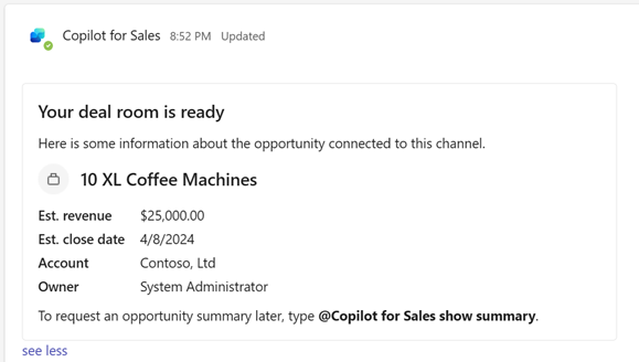 Screenshot of an opportunity summary in a deal room channel when Copilot AI features are turned off.