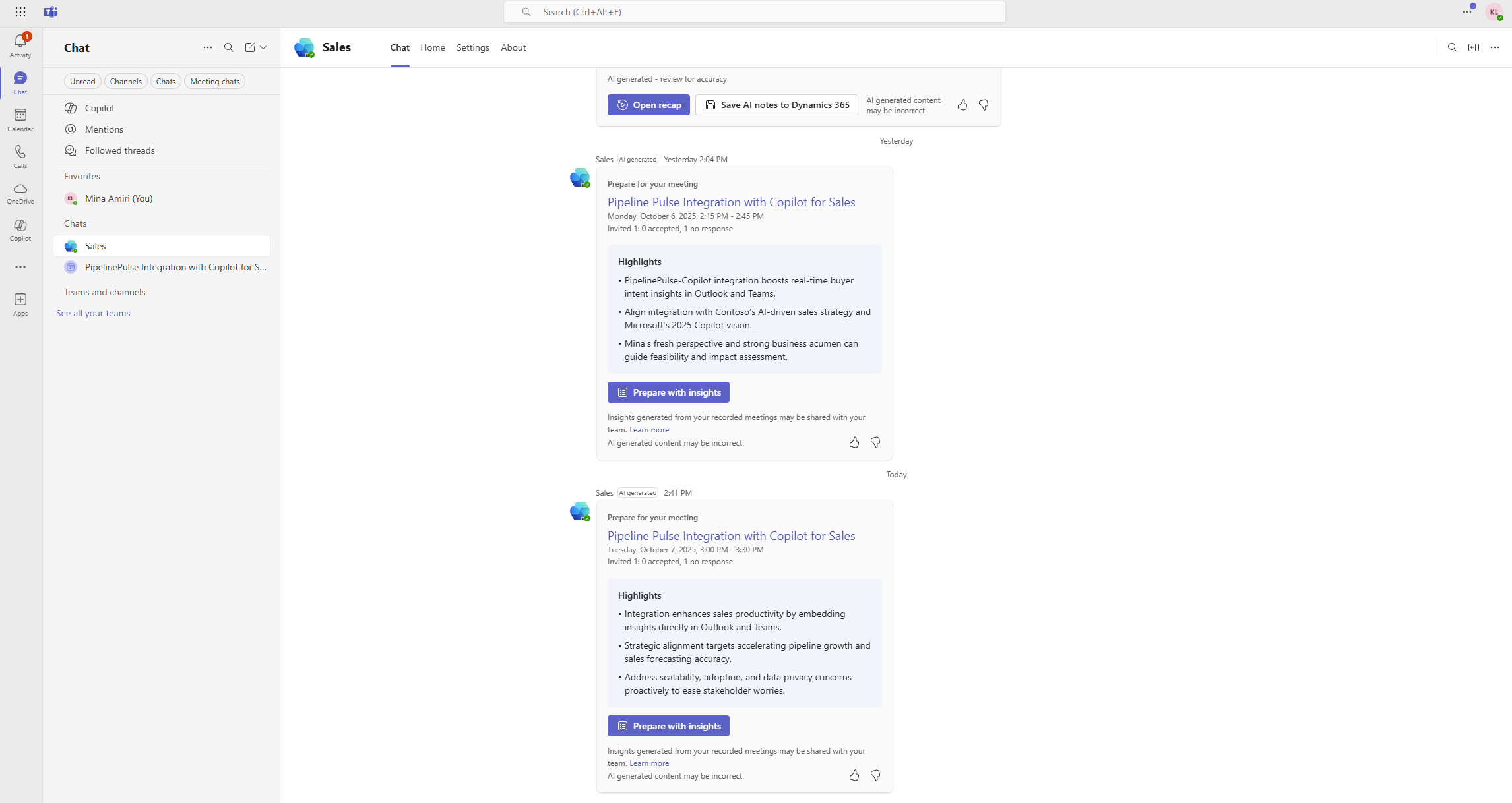 Screenshot of the meeting preparation card in Teams.