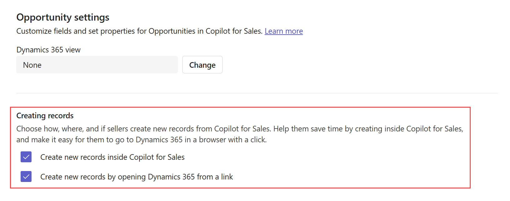 Screenshot showing how to configure contact creation in the Sales app.
