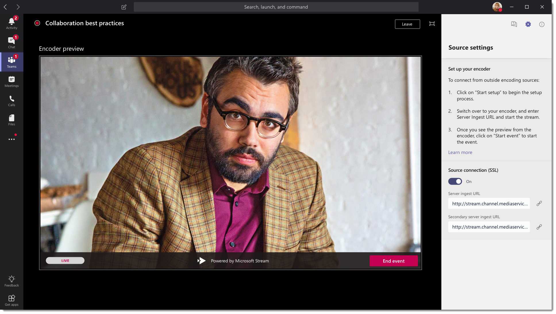 Screen shot showing a live event that's produced by using the external app or device production method a live event produced using an external app or device.