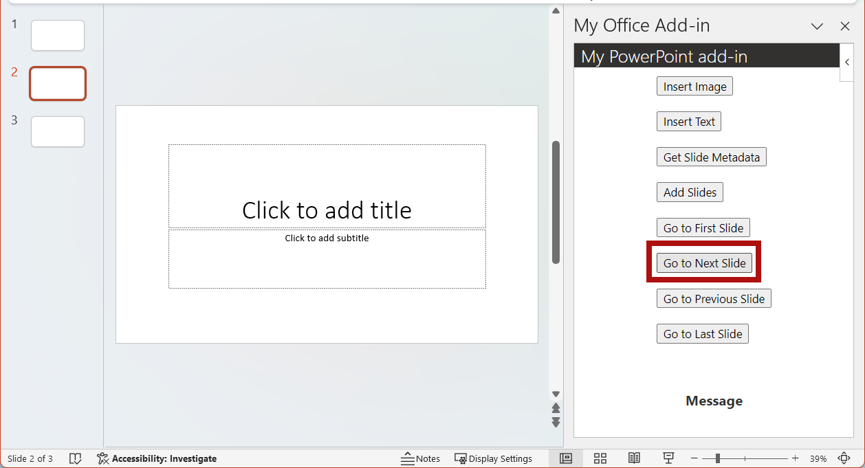 The Go to Next Slide button highlighted in the add-in.