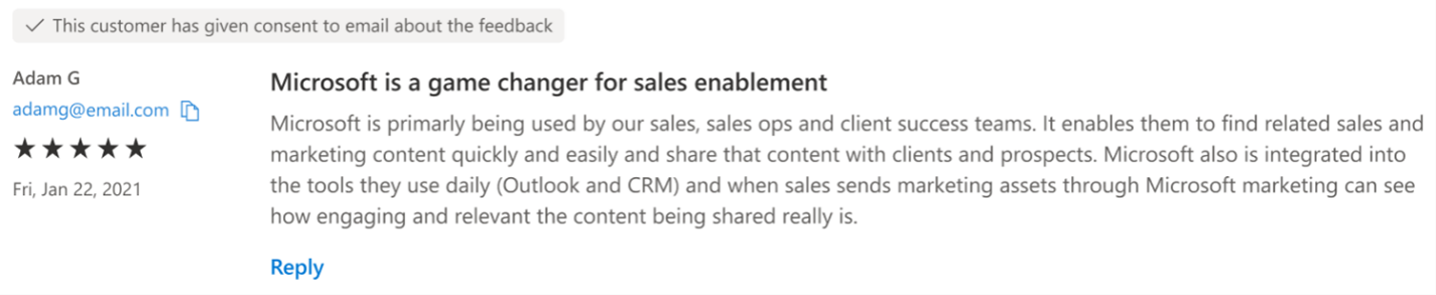 Screenshot showing a sample review for an app in Microsoft Marketplace.