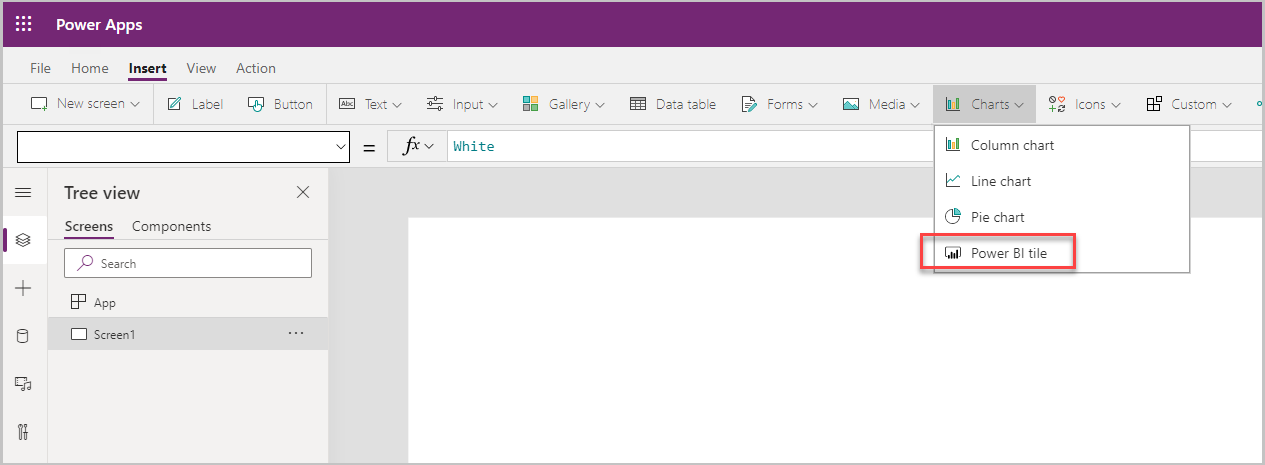 Select Inser Charts and select Power BI Tile Select Inser Charts and select Power BI Tile
