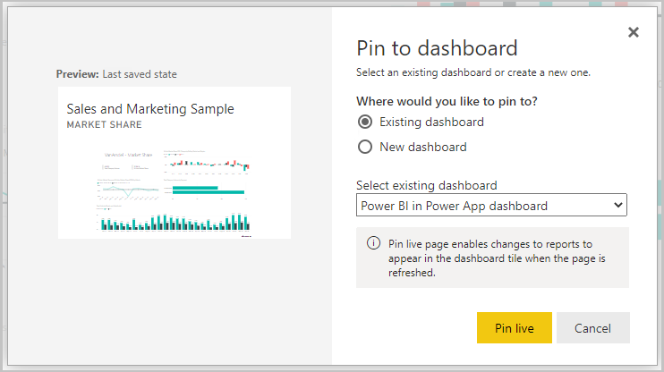 Select the dashboard and select Pin live Select the dashboard and select Pin live