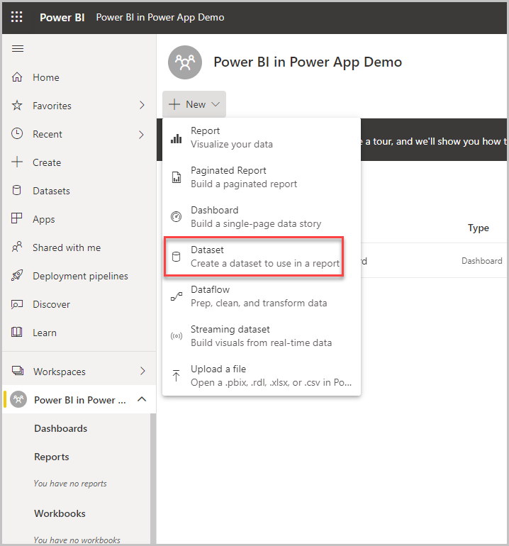 Open the workspace and select the New button Open the workspace and select the New button