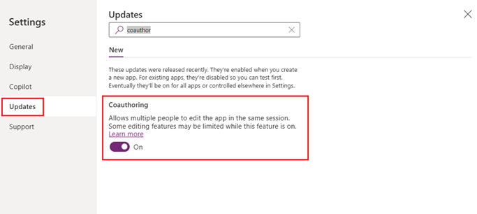 Screenshot of coauthoring settings
