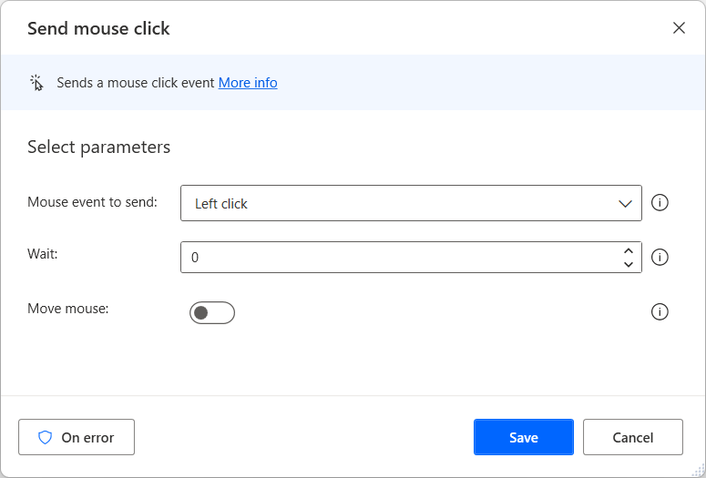 Screenshot of the Send mouse click action.
