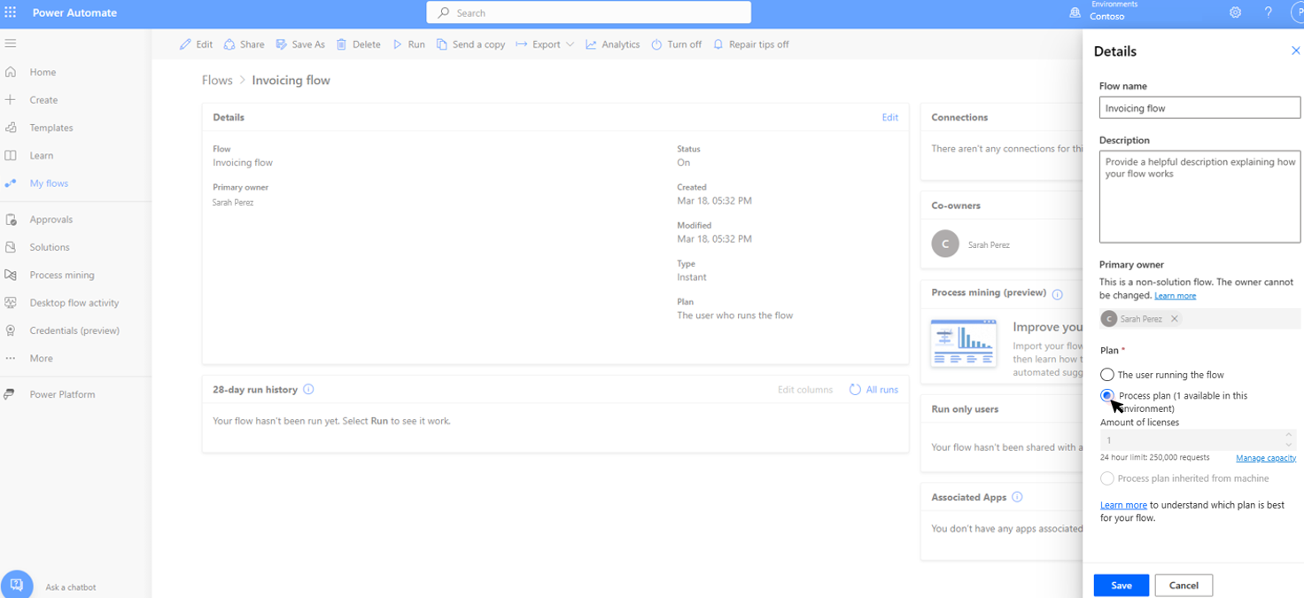 Screenshot of the cloud flow page settings showing the process plan allocation.