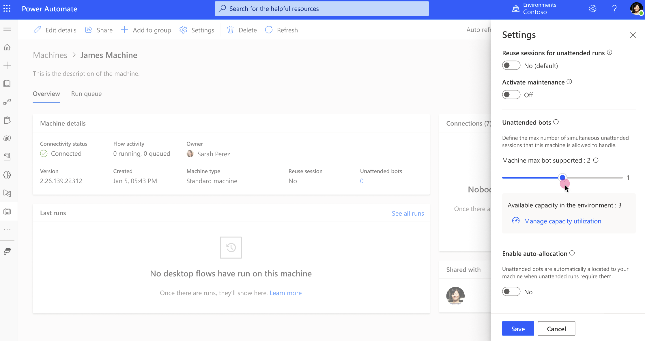 Screenshot of the machine page settings with one unattended bot added.