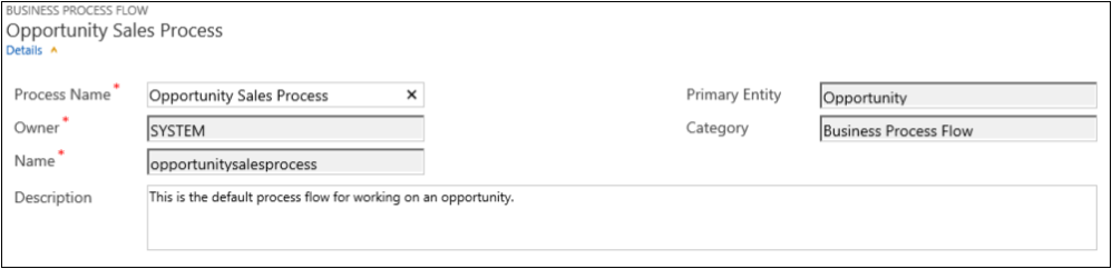 Expanded details section of a business process flow Expanded details section of a business process flow.