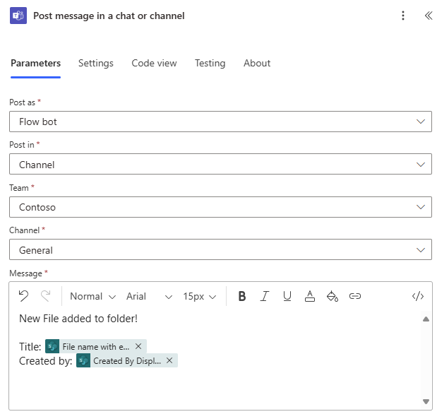 Screenshot showing 'Post a message in a chat or channel as the Flow bot.