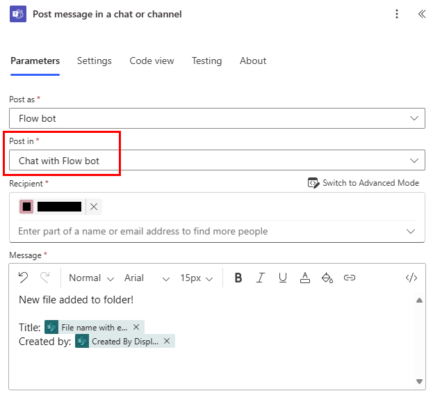 Screenshot of posting a message as the Flow bot directly to a user.