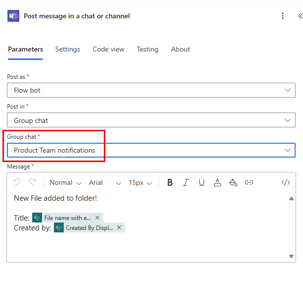 Screenshot showing Post a message in group chat.