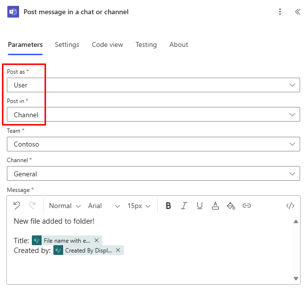 Screenshot showing Post a message in channel as the user.